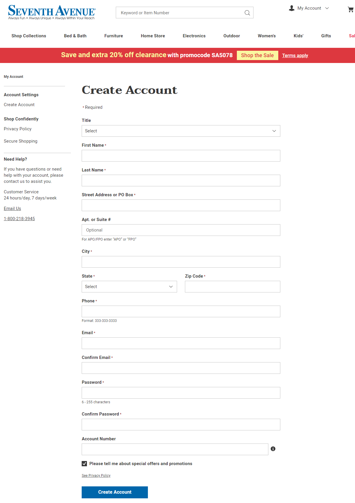 Seventh Avenue Credit Card Account Registration