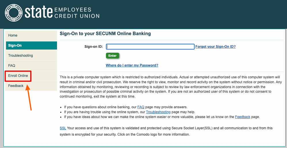 secunm online banking enroll page