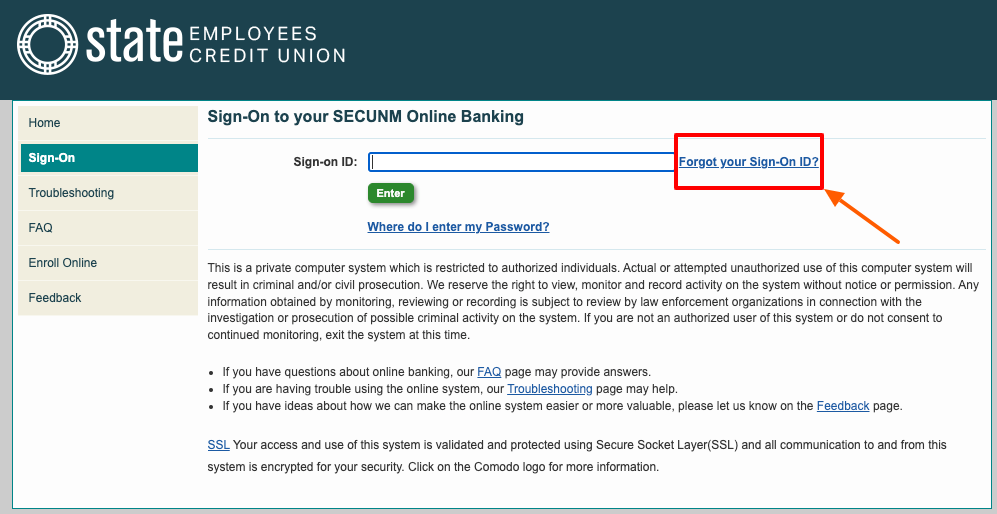 secunm online banking forogt singn on id page